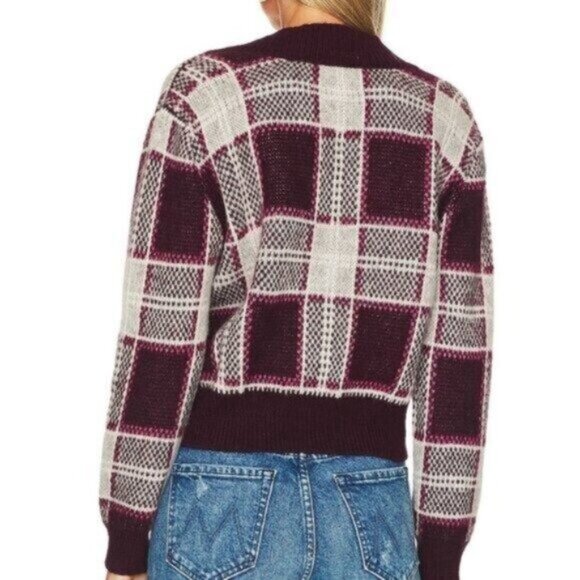 Mother The Slim Low Cardigan Sweater S Bad Boy Magnet Purple Plaid Cropped - Picture 2 of 9
